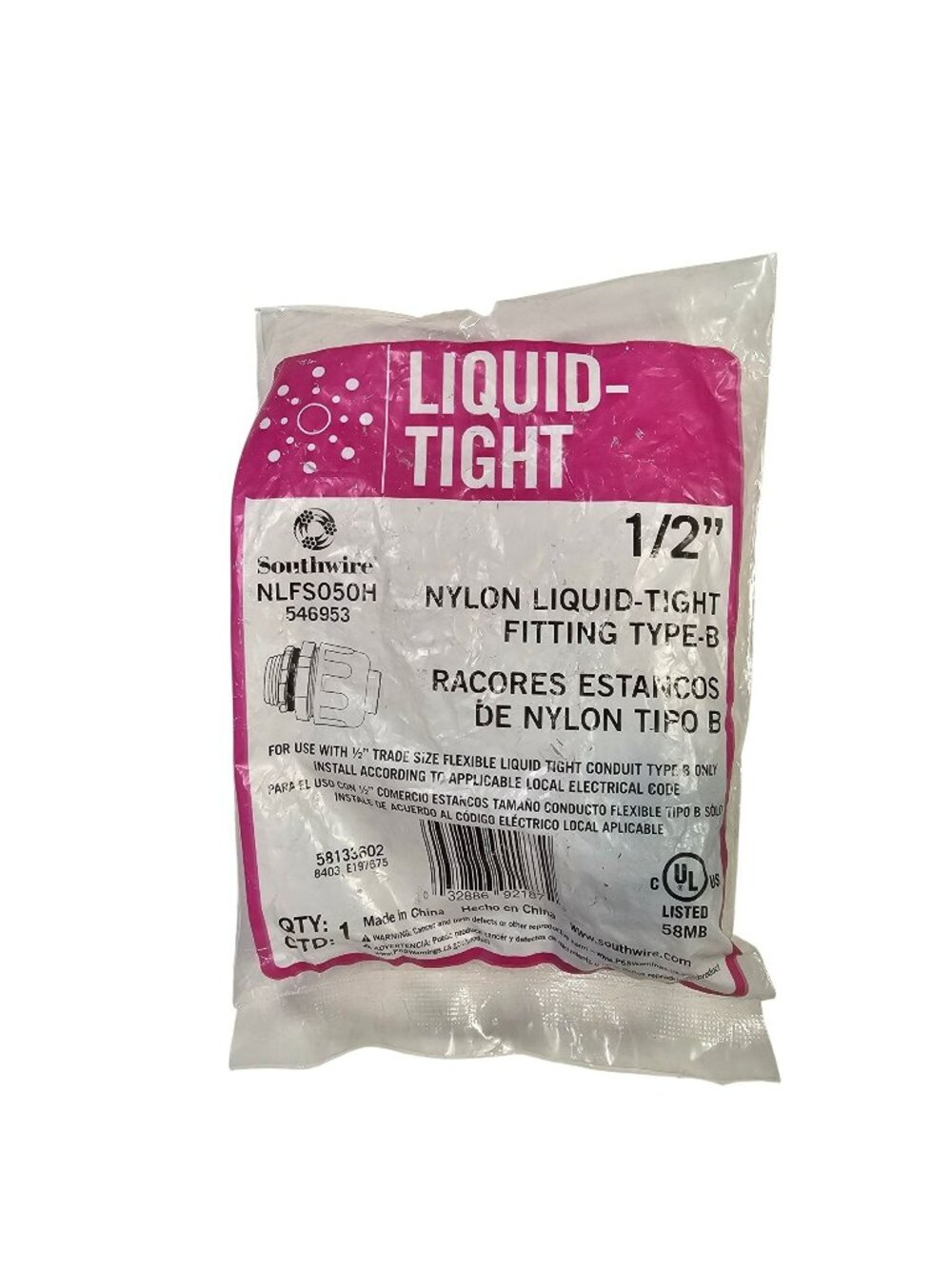 Southwire 1/2" Nylon Liquid-Tight Fitting Type-B Model NLFS050H NEW SEALED